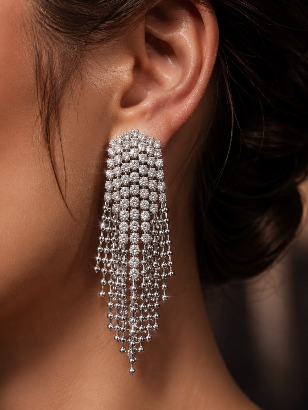 Silver Crystal Cascade Fringe Earrings
